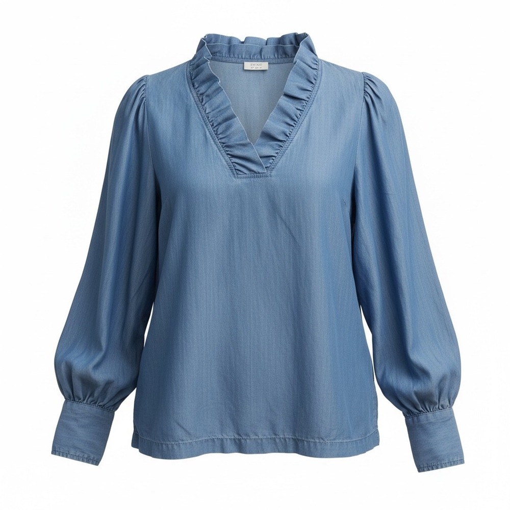 Crown & Ivy Womens Blue Tencel Lyocell Ruffle V-Neck Puff Sleeve Blouse Large - Picture 1 of 7